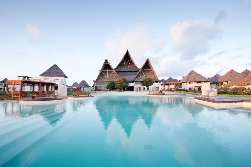 Thatched roof resort pool