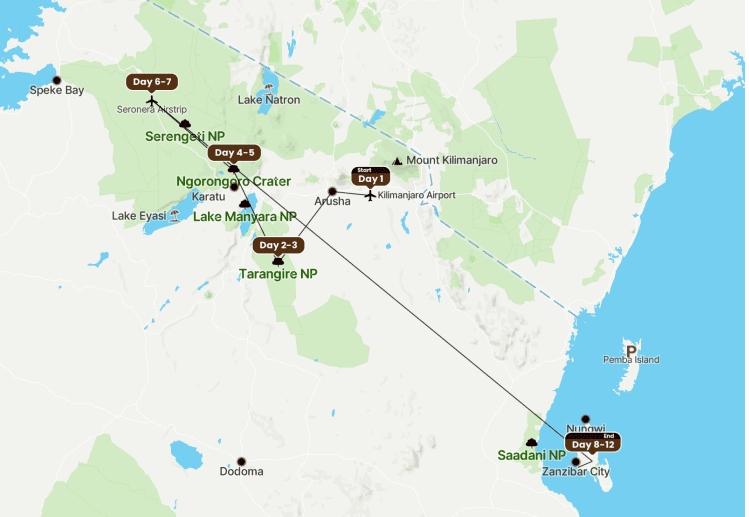 Tanzania Safari Itinerary Map
